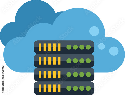 Cloud symbol hosting a stack of server racks illustrating data storage and computing