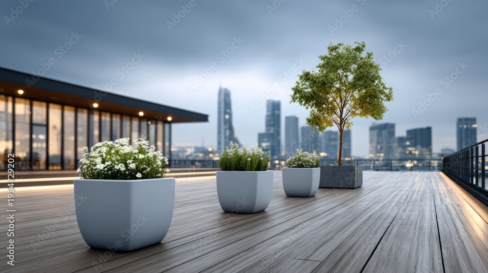 Fototapeta premium Urban rooftop garden features potted plants and city skyline in background