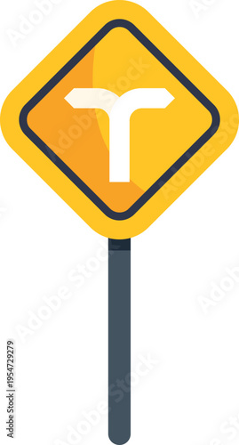 Yellow road sign guiding navigation at a t junction, offering a choice of direction