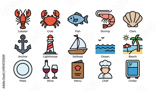 Vibrant seafood and nautical icons featuring marine life and culinary elements