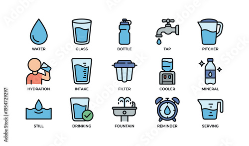 Water consumption icons: glass, bottle, tap, pitcher, hydration, fountain