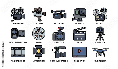 Collection of various film and media equipment icons in colorful style
