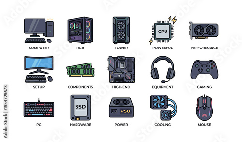 Computer hardware icons featuring gpu cpu gaming headset and cooling equipment