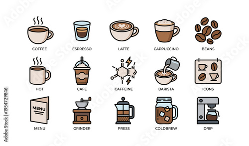 Coffee icons: espresso, latte, cappuccino, brewing gear, beans