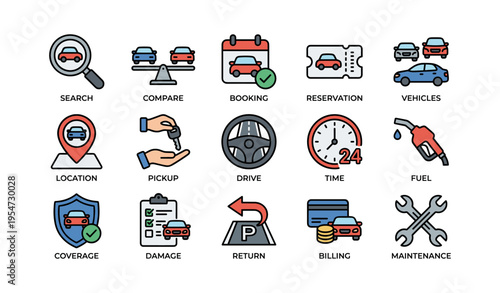 Car rental process icons featuring booking, pickup, and maintenance