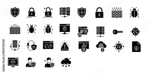 Black cybersecurity and hacking icon set for business security