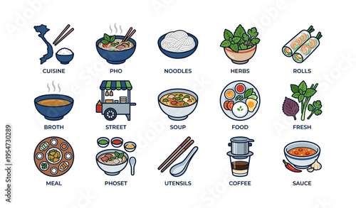 Vietnamese cuisine icons featuring pho, noodles, herbs, and street food elements