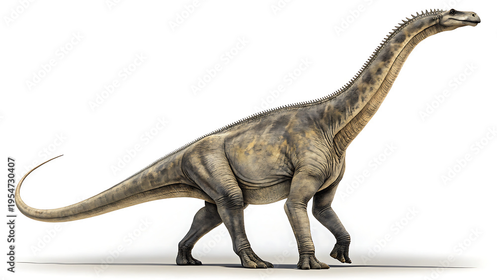 Fototapeta premium A detailed side view of a large sauropod dinosaur walking with its long neck extended forward illustration