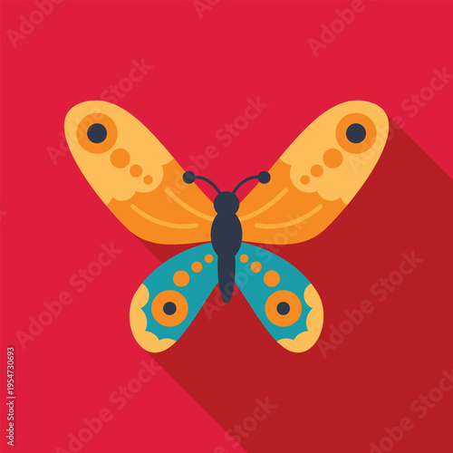 Flat design colorful butterfly icon with a prominent long shadow