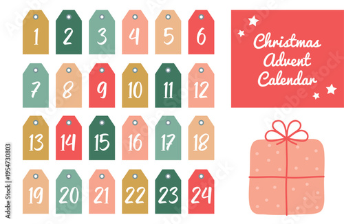 set advent calendar 24 christmas paper tag label vector illustration