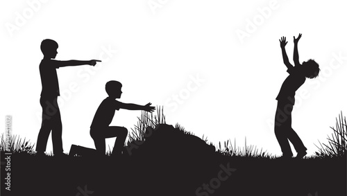 Boys in silhouette interacting with a mound of earth in grassy outdoor landscape, conveying themes of play and connection.