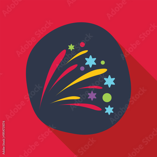 Colorful icon showing fireworks exploding on a dark circular background with long shadow
