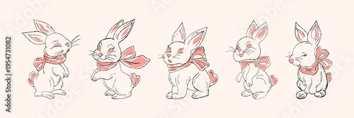 Hand drawn cute bunnies with pink bow and ribbons. Easter sketch stickers. Spring holiday decorative prints set. Vector illustration collection.