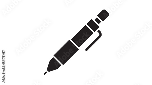 Pen icon with a clip and segmented barrel, representing writing and office supplies in a simplified silhouette.
