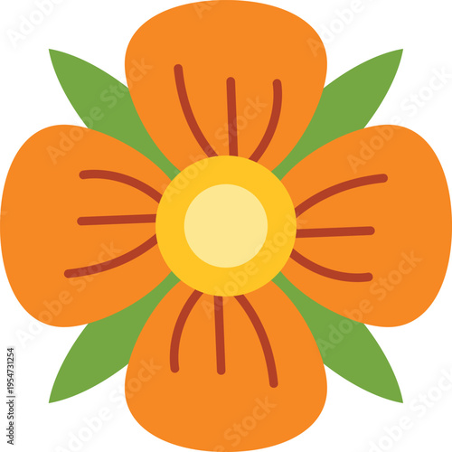 Bright orange flower with green leaves and a yellow center blooming on white background