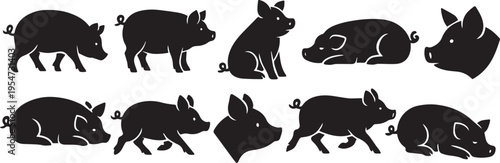 a collection of pig silhouettes in different positions, suitable for use in graphic design, illustrations, or educational materials