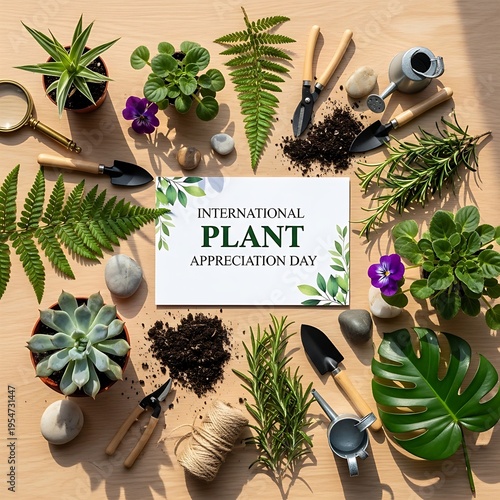 International plant appreciation day with gardening tools and plants