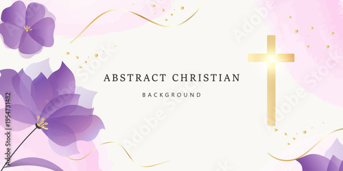 Christian abstract background with purple flowers, golden glowing cross and other design elements. Vector design.