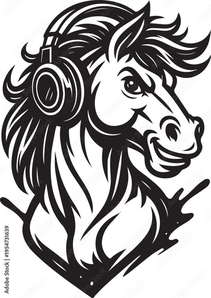Obraz premium a cheerful horse wearing headphones, perfect for music or audio related marketing and advertising materials