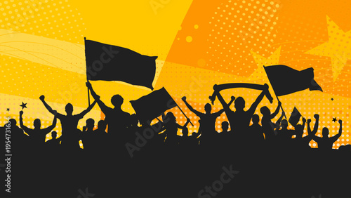 Football fans silhouettes cheering with flags on orange background