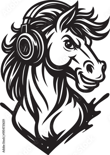 a cheerful horse wearing headphones, perfect for music or audio related marketing and advertising materials