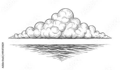 Cumulus cloud formation reflected in rippling water drawn in vintage style reflection