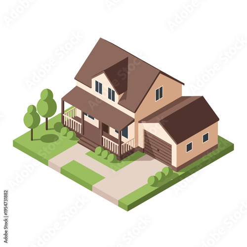 Isometric illustration of a suburban house with a porch, garage, and surrounding lawn with trees.