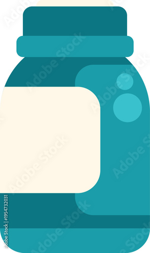 Turquoise jar holding medicine or supplement with a blank label