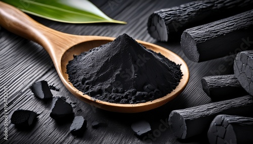 Vibrant Photo Of Activated Charcoal Powder On A Wooden Spoon With Natural Charcoal Pieces On A Dark Wooden Surface