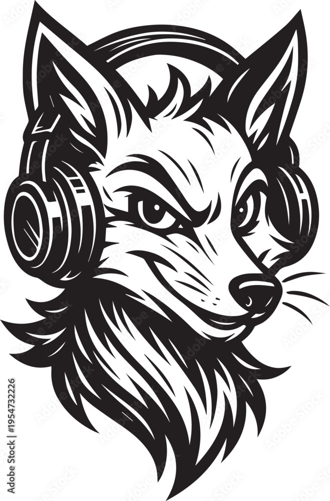 Obraz premium a black and white illustration of a wolf's head wearing headphones, perfect for music or gaming related projects