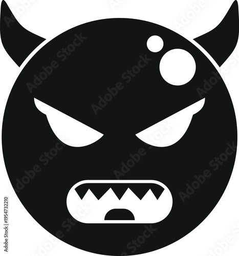 Black angry face emoji with horns and sharp teeth expressing rage in simple flat style