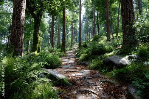 Stone Path Winding Through a Lush Green Forest