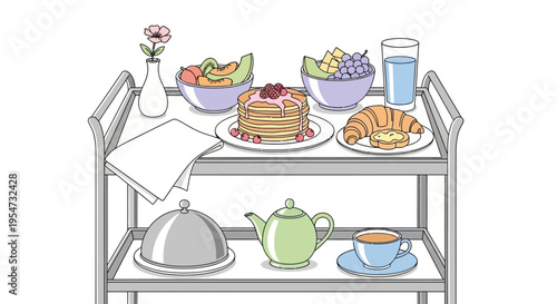 Breakfast food on metal serving cart.