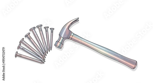 Hammer and metal nails tool set.