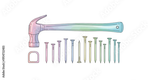 Hammer and assorted metal nails tools.