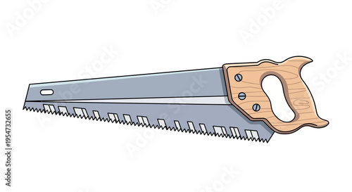 Saw with wooden handle closeup.