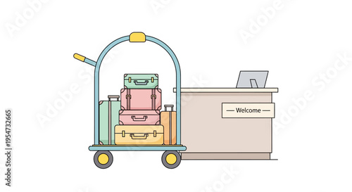 Luggage cart with suitcases and welcome desk.