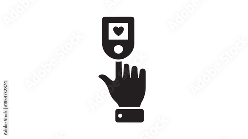 Pulse oximeter icon with a finger and heart symbol displaying health metrics for monitoring vital signs and blood oxygen levels.