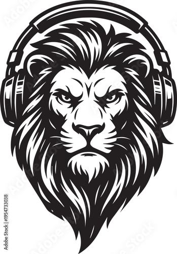 A black and white vector illustration of a lion wearing headphones, perfect for music or audio related marketing and advertising materials.
