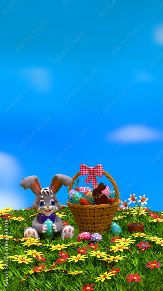 Fototapeta premium Vertical Easter bunny meadow scene 3D render