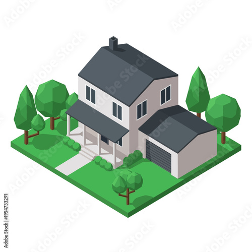 Isometric illustration of a modern two-story house with an attached garage, surrounded by lush green trees and manicured lawn.