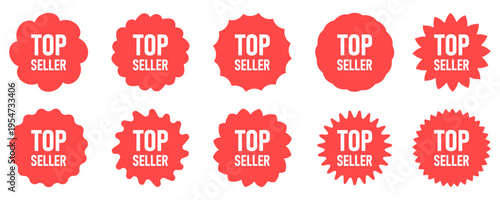 Collection of red 'TOP SELLER' badges and stickers with different shapes for product promotion.
