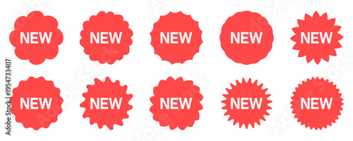 Set of red 'NEW' arrival badges and stickers in assorted shapes for product announcements.