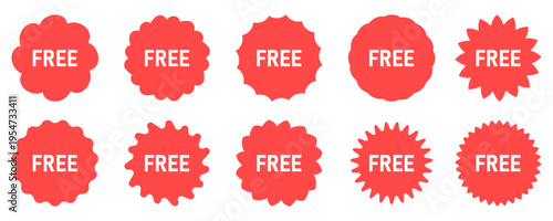 Collection of red 'FREE' badges and labels in different shapes, ideal for promotions and giveaways.
