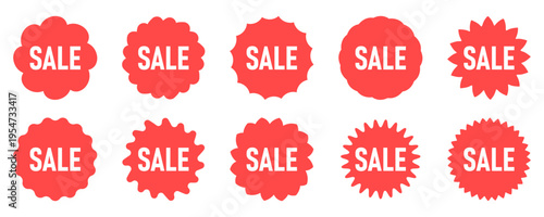Assortment of red 'SALE' badges and stickers in diverse shapes for commercial promotions.