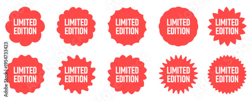 Red 'LIMITED EDITION' badges and stickers set in diverse shapes, for exclusive product offerings.