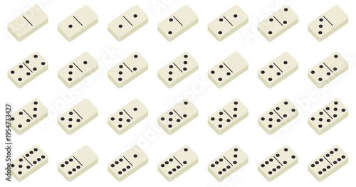 Complete set of classic domino tiles, from double blank to double six, in an isometric 3D perspective on white background.