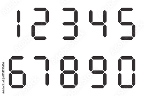 Set of black digital numbers 0-9 in a modern seven-segment display style, isolated on white background.
