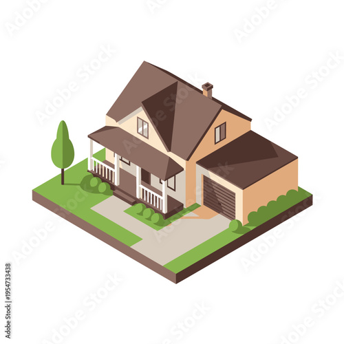 Isometric view of a charming suburban house with a porch, garage, and green lawn, showcasing residential architecture.