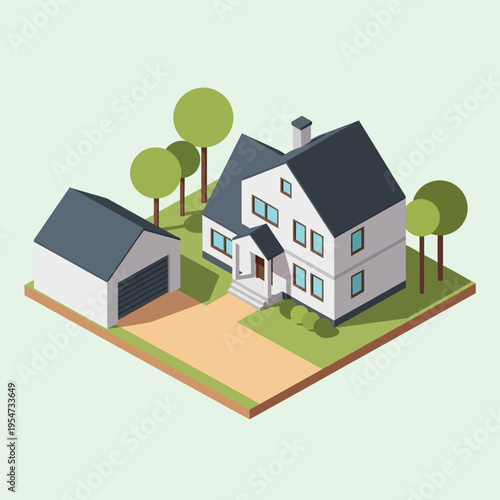 Isometric illustration of a modern two-story house with an attached garage and surrounding trees.